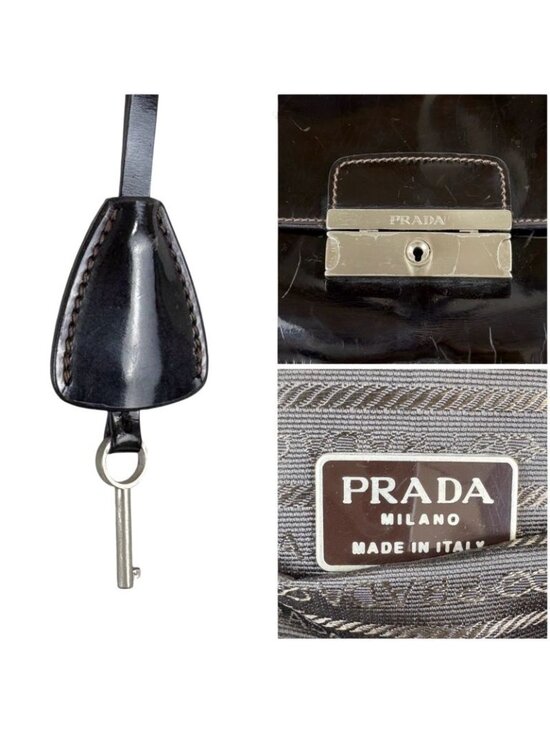 Prada Shoulder Bag Hobo Mirror Calf Leather Dark Brown Semi